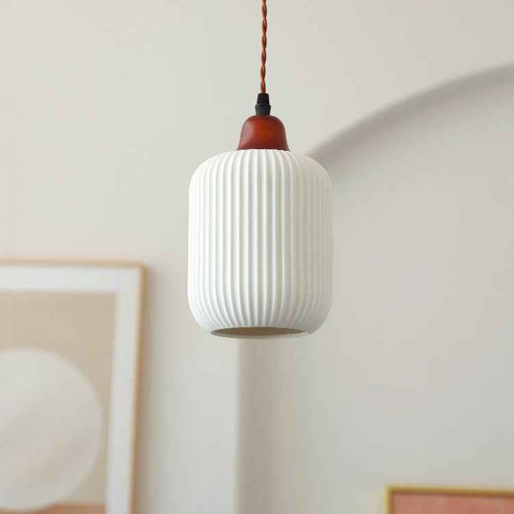 Vintage Japanese Ceramic Round Dome Pendant Light with Pleated Design and Wooden Accents