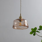 Retro Amber Glass Drum Pendant Light with Brass Accent - 1-Light
