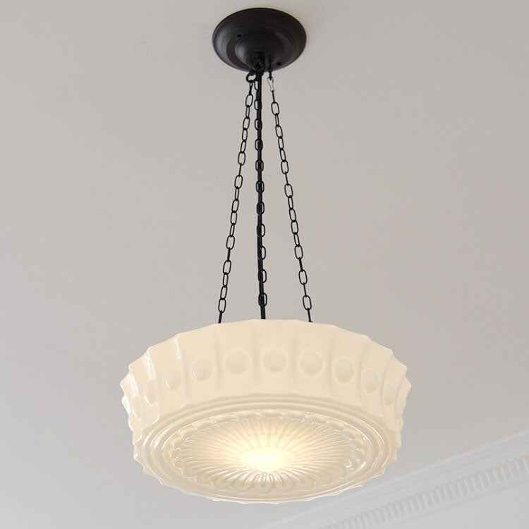 Vintage French White Jade Glass Striped Round Drum LED Semi-Flush Mount Ceiling Light