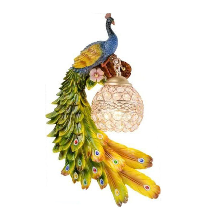 Elegant Vintage Resin Peacock Wall Sconce Lamp with Crystal Ball Shade - 1-Light
