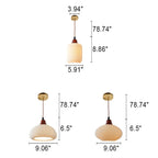 Vintage Japanese Ceramic Round Dome Pendant Light with Pleated Design and Wooden Accents