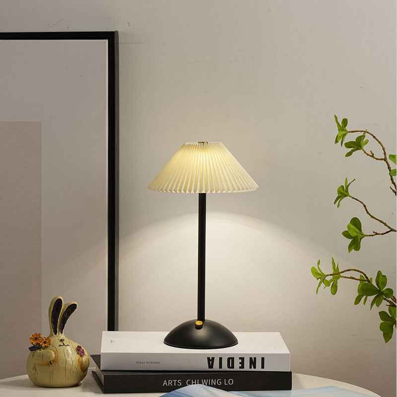 Modern Scandinavian Rechargeable Conic Pleated Table Lamp with 1 Light for Bedside