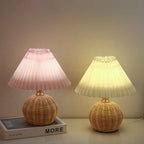 Modern Nordic Rattan Fabric Pleated Conical LED Table Lamp for Bedroom