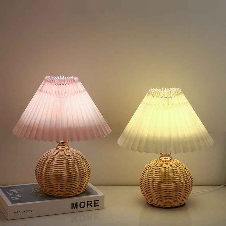 Modern Nordic Rattan Fabric Pleated Conical LED Table Lamp for Bedroom