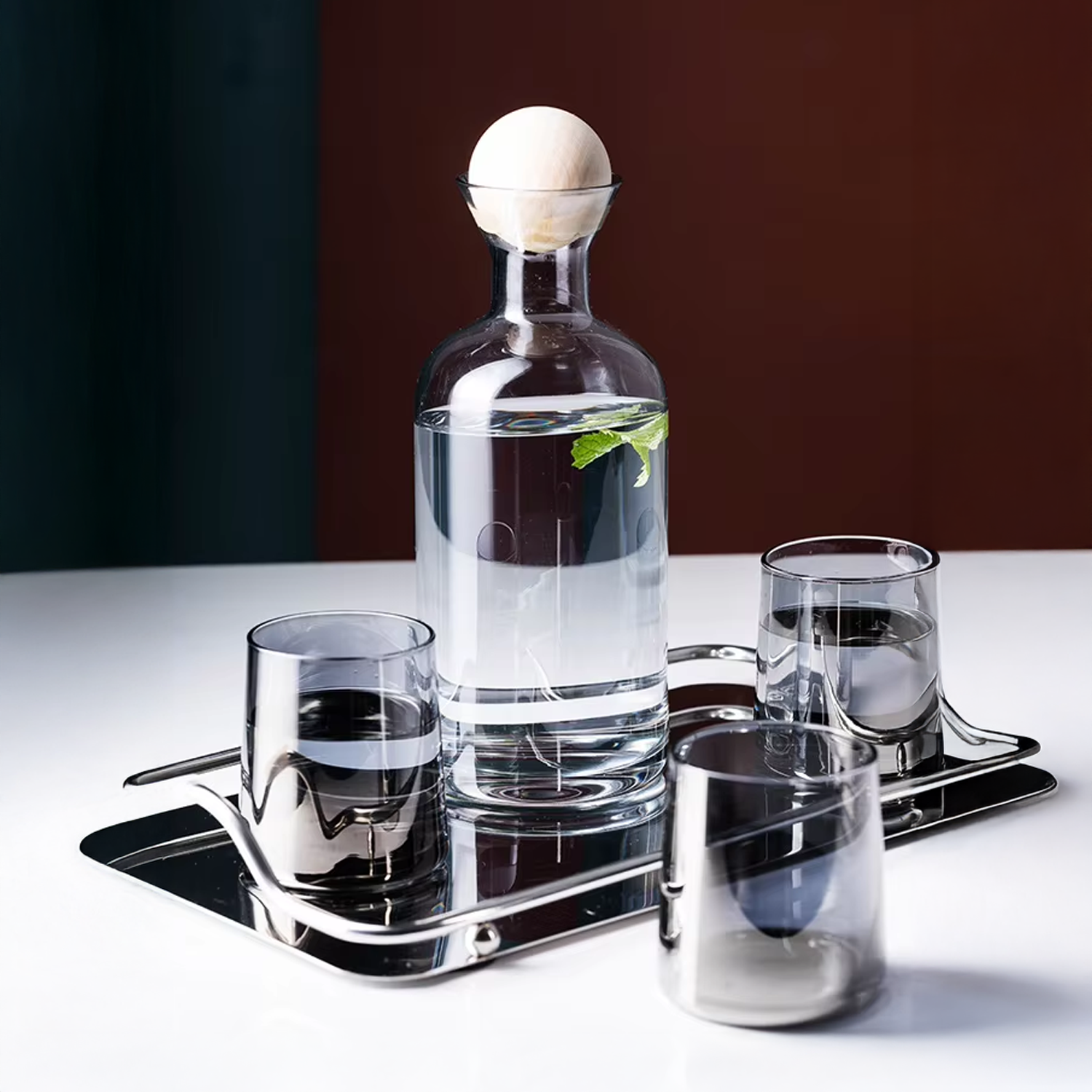 Bela Glass Decanter Set | Borosilicate Jug with 4 Grey Glasses