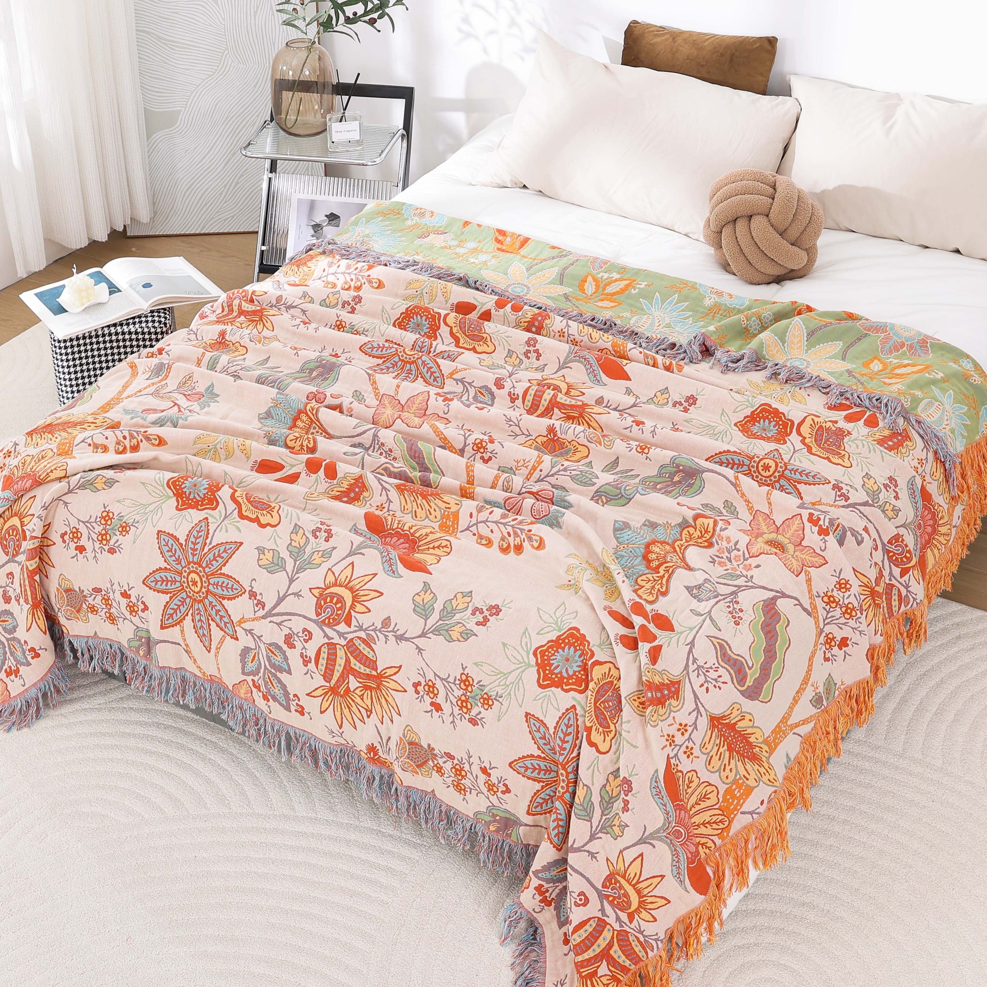 Rustic Boho Blanket with Floral Pattern | 100% Cotton