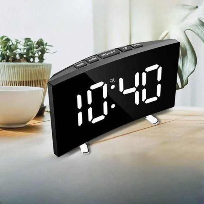 Digital Alarm Clock Curved Mirror LED Screen with Desktop Tabletop Design