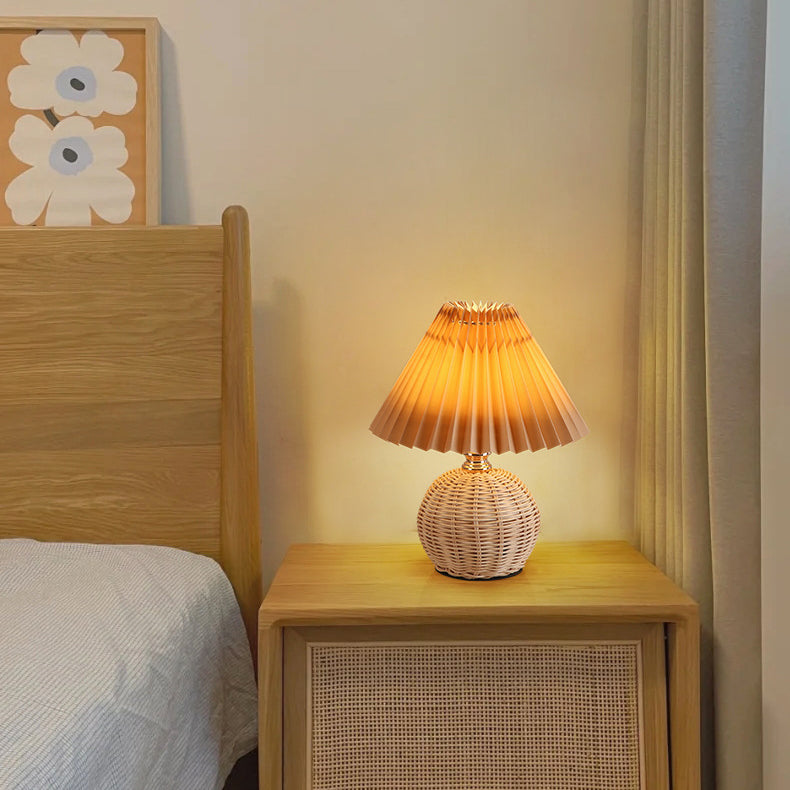 Nordic Rattan Pleated Fabric Conic LED Table Lamp 1-Light