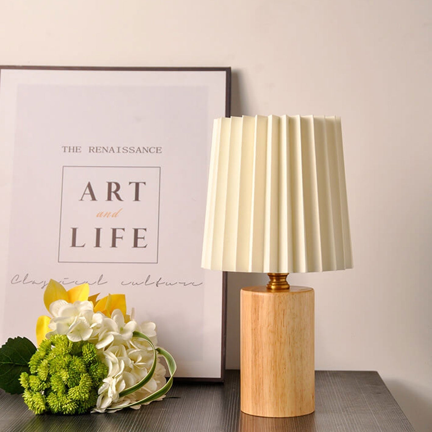 Classic Korean Pleated Column Table Lamp with Solid Wood Base - 1 Light
