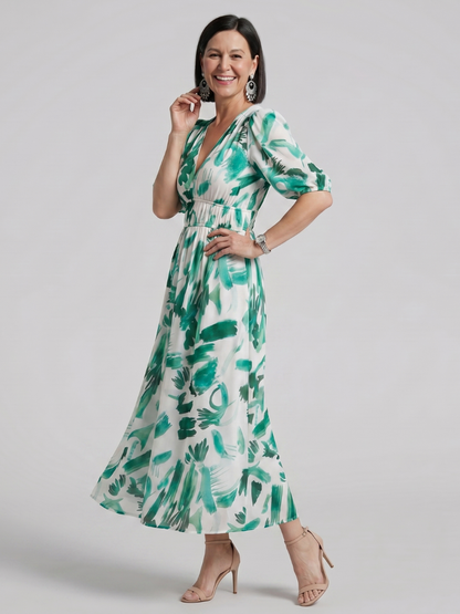 Elegant Maxi Dress for Women Abstract Print Puff-Sleeve