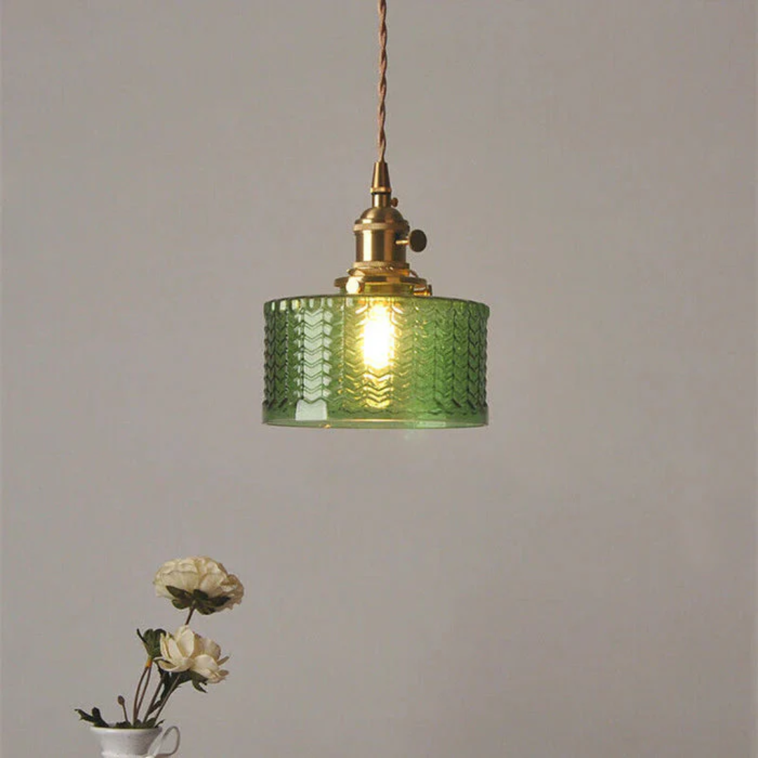 Gryo Glass Pendant Light | Ribbed Green Shade, E27 Fitting