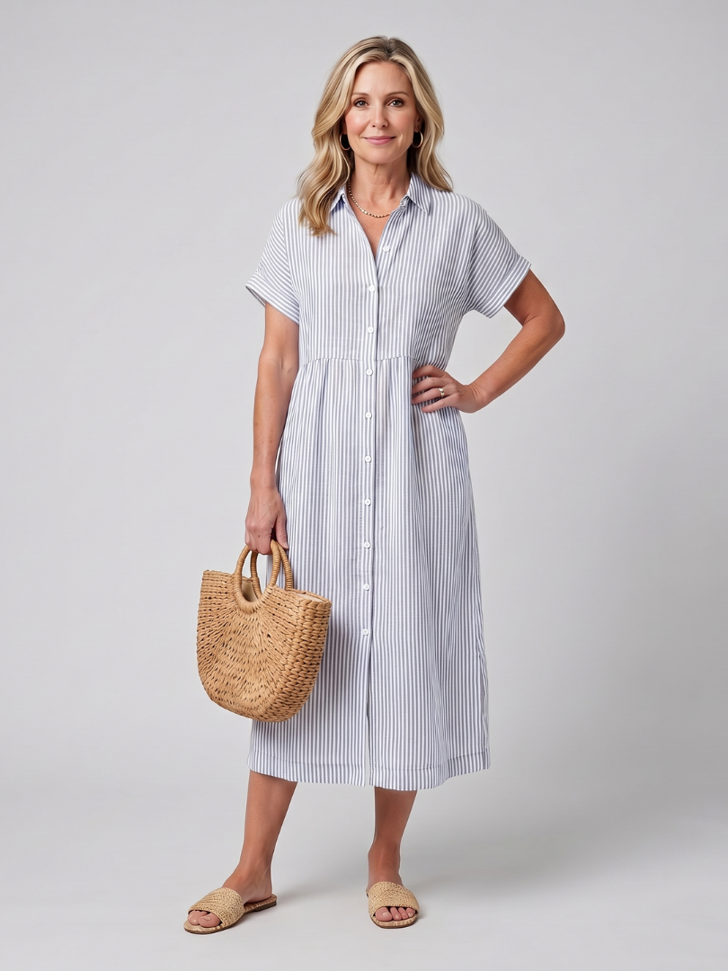 Stylish Striped Shirt Dress for Women Short Sleeve