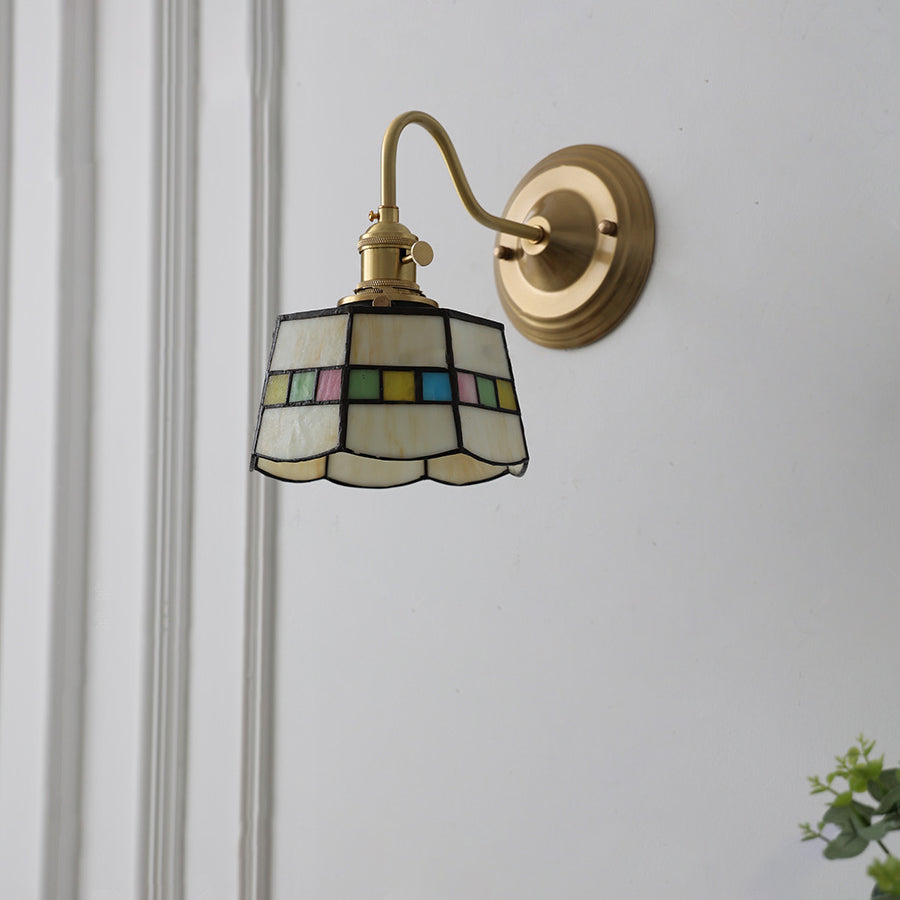 Classic Tiffany Style Round Copper Glass 1-Light Wall Sconce for Living Room
