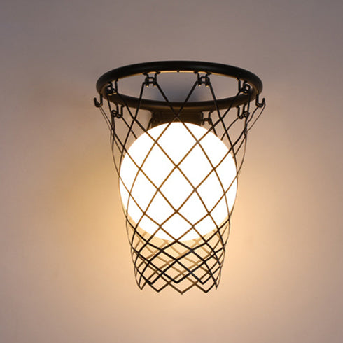 Contemporary Art Deco Kids' Iron and Glass Basketball Hoop Wall Sconce Lamp - 1-Light Design for Bedroom