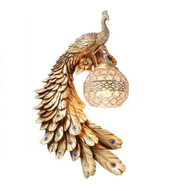 Elegant Vintage Resin Peacock Wall Sconce Lamp with Crystal Ball Shade - 1-Light