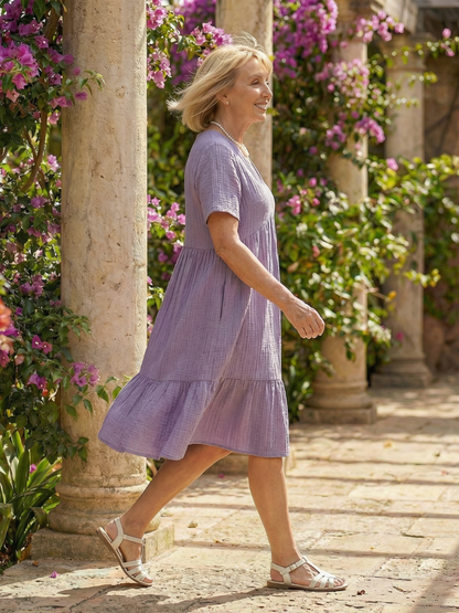 Effortless A-Line Dress for Women Textured Tiered V-Neck