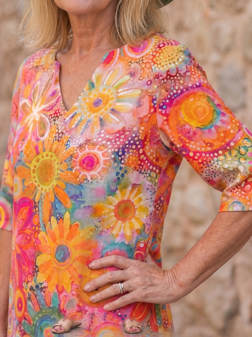 Stylish Knee-Length Dress for Women Floral-Print V-Neck Half-Sleeve