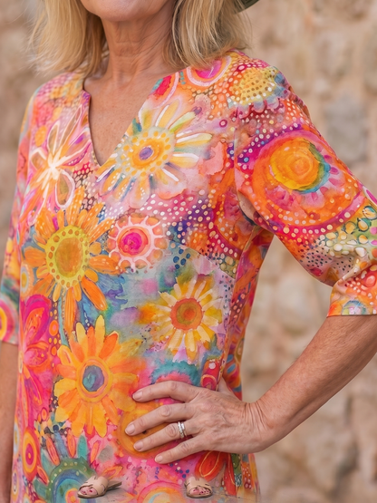 Stylish Knee-Length Dress for Women Floral-Print V-Neck Half-Sleeve