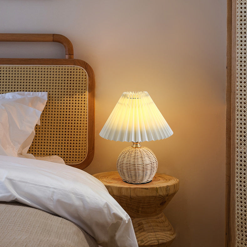 Modern Nordic Rattan Fabric Pleated Conical LED Table Lamp for Bedroom