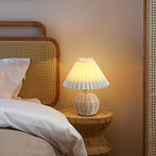 Modern Nordic Rattan Fabric Pleated Conical LED Table Lamp for Bedroom