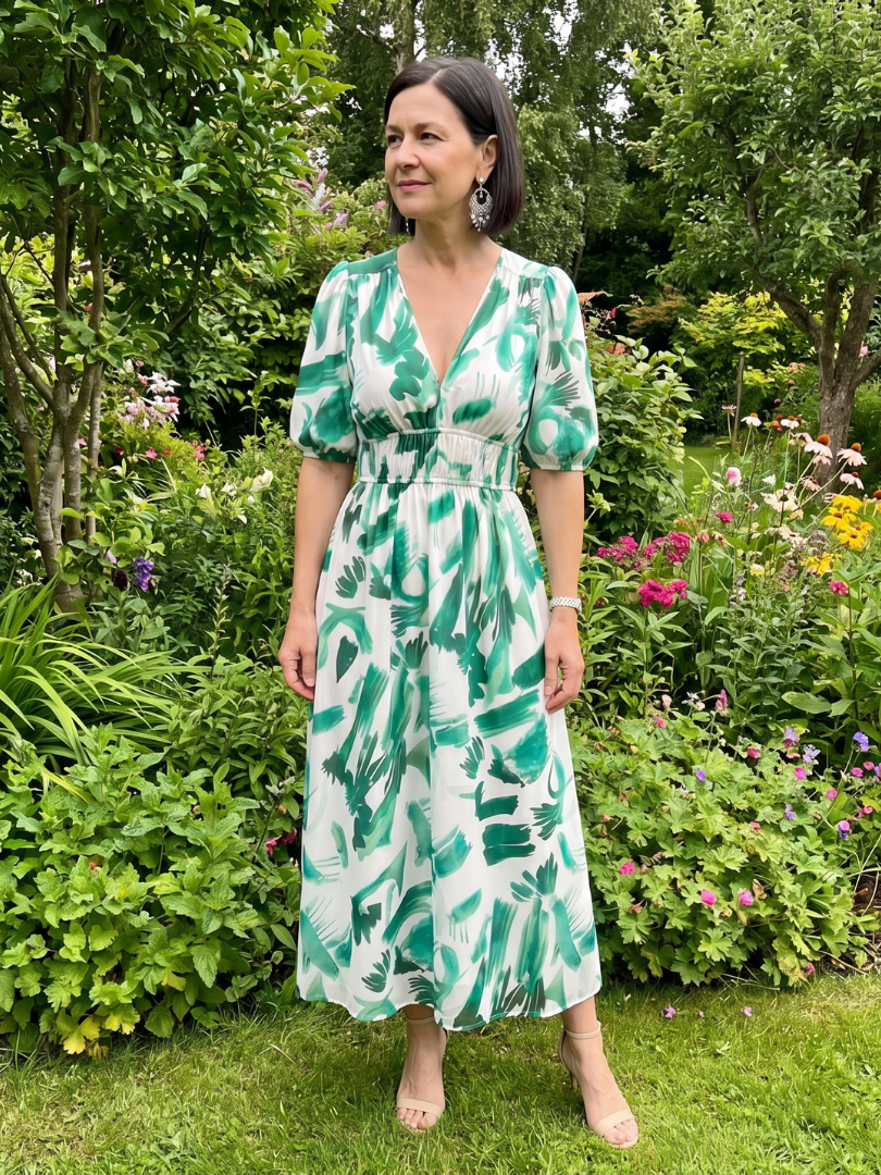 Elegant Maxi Dress for Women Abstract Print Puff-Sleeve