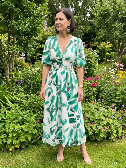 Elegant Maxi Dress for Women Abstract Print Puff-Sleeve