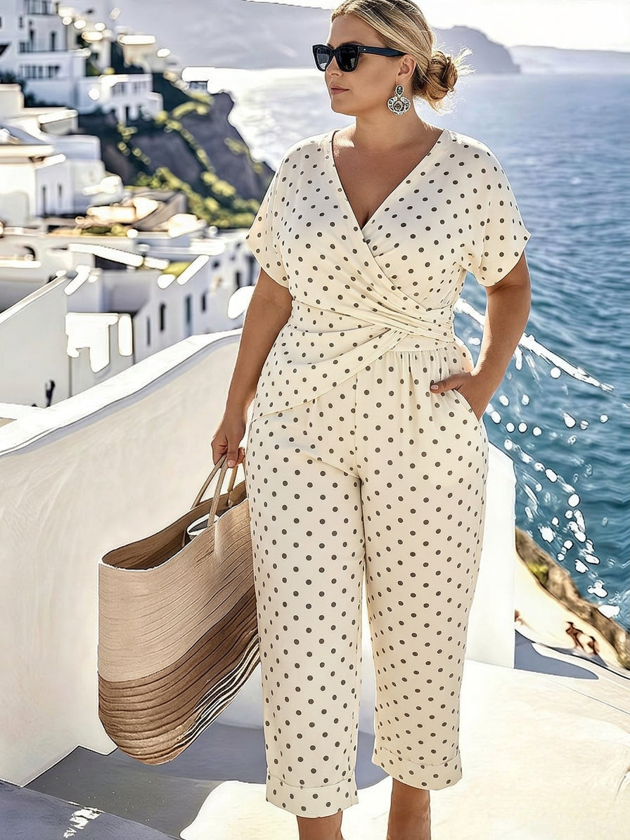 Effortless Wrap Jumpsuit for Women Short-Sleeve V-Neck Polka-Dot