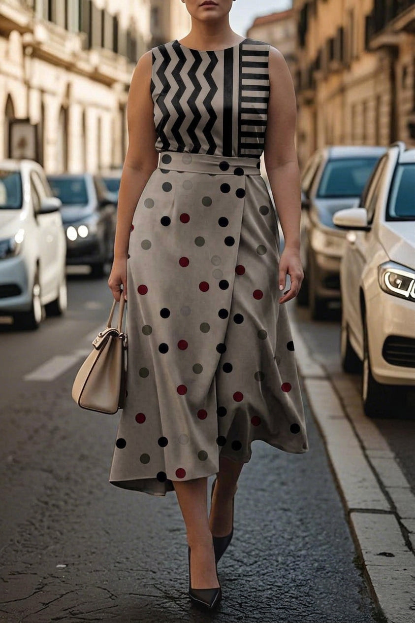 Stylish Midi Dress for Women Sleeveless Chevron Polka-Dot