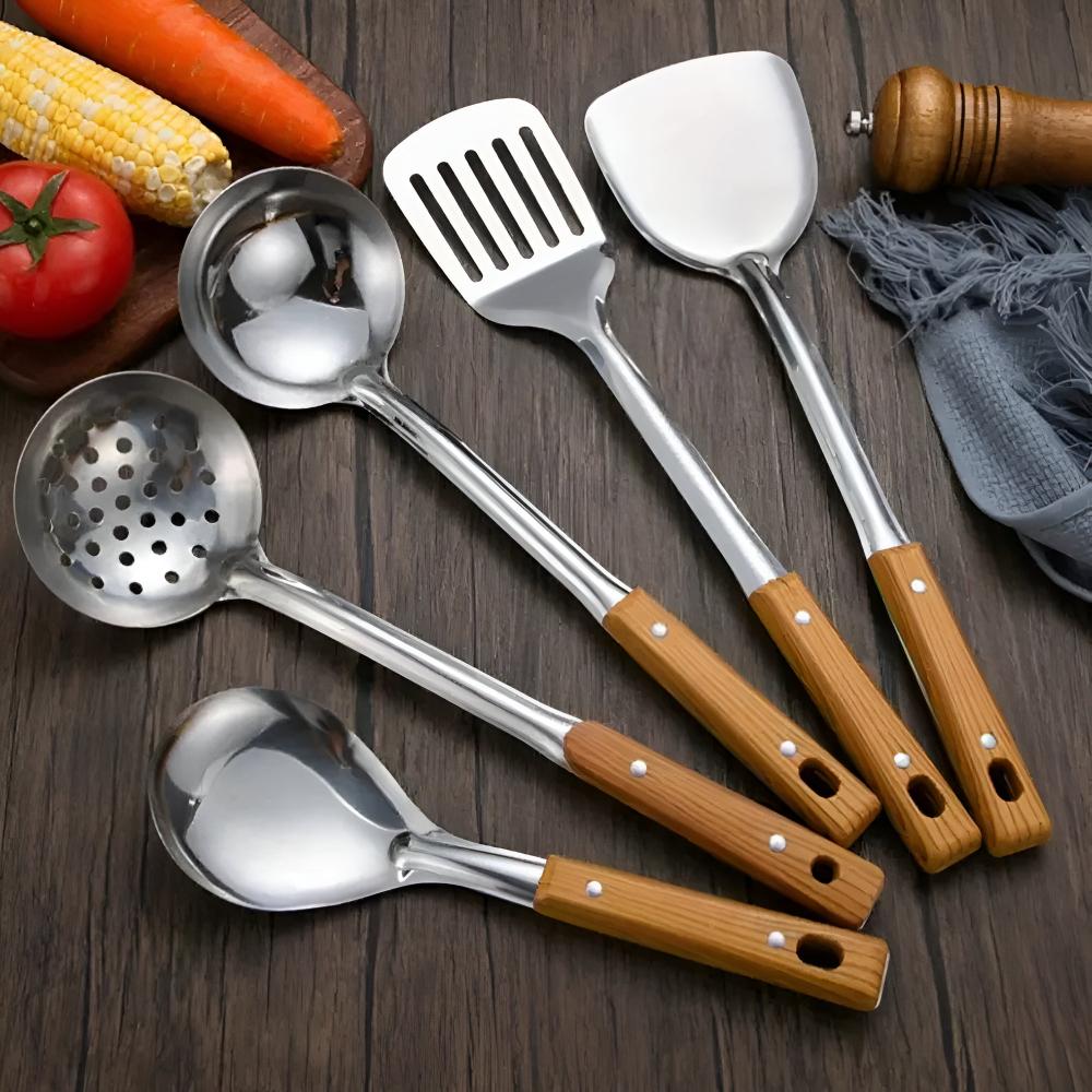 Culinor - Stainless Steel Kitchen Utensils Set with Wooden Handles 5-Piece