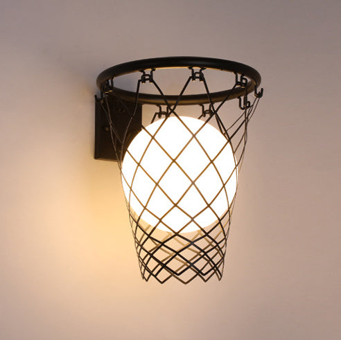Contemporary Art Deco Kids' Iron and Glass Basketball Hoop Wall Sconce Lamp - 1-Light Design for Bedroom
