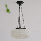 Vintage French White Jade Glass Striped Round Drum LED Semi-Flush Mount Ceiling Light