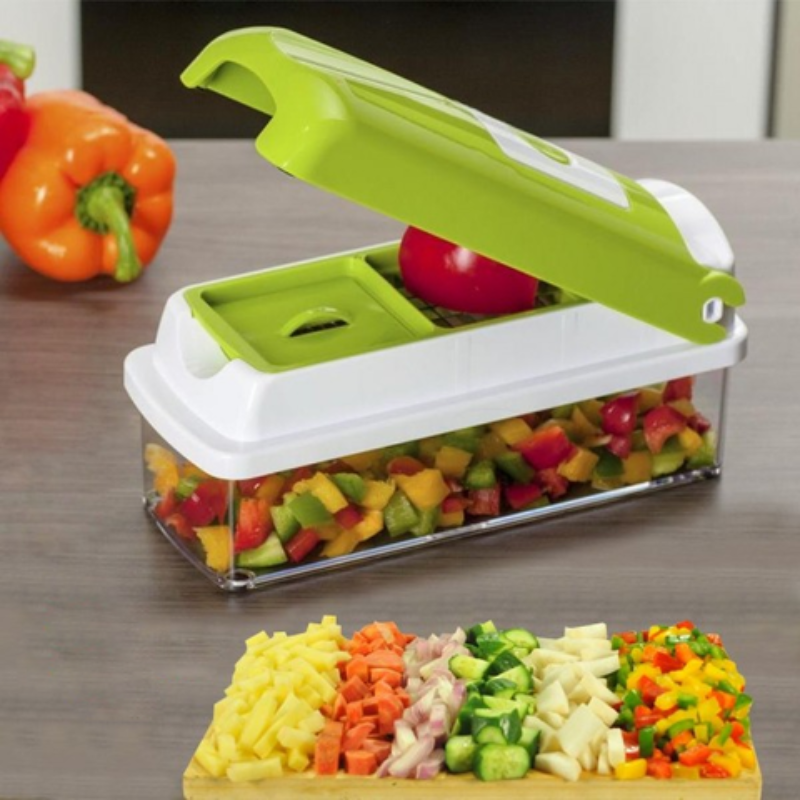 12-in-1 Vegetable Slicer, 8 Interchangeable Blades, Collection Container, Hand Guard