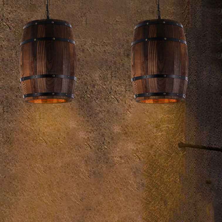 Rustic Round Wooden Wine Barrel Pendant Light - 1-Light Fixture for Dining Room