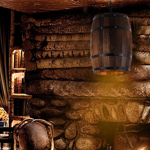 Rustic Round Wooden Wine Barrel Pendant Light - 1-Light Fixture for Dining Room