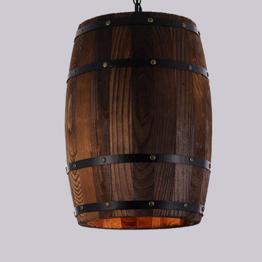Rustic Round Wooden Wine Barrel Pendant Light - 1-Light Fixture for Dining Room