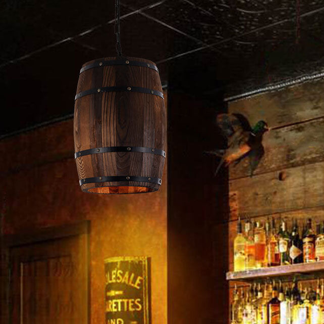 Rustic Round Wooden Wine Barrel Pendant Light - 1-Light Fixture for Dining Room