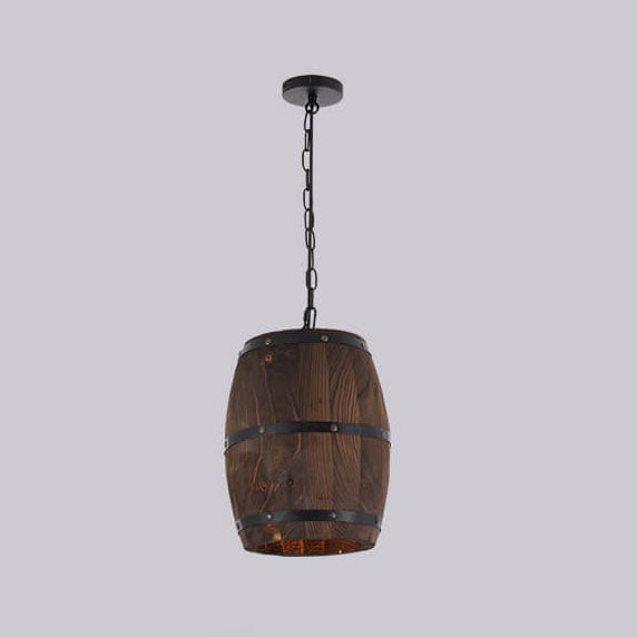 Rustic Round Wooden Wine Barrel Pendant Light - 1-Light Fixture for Dining Room