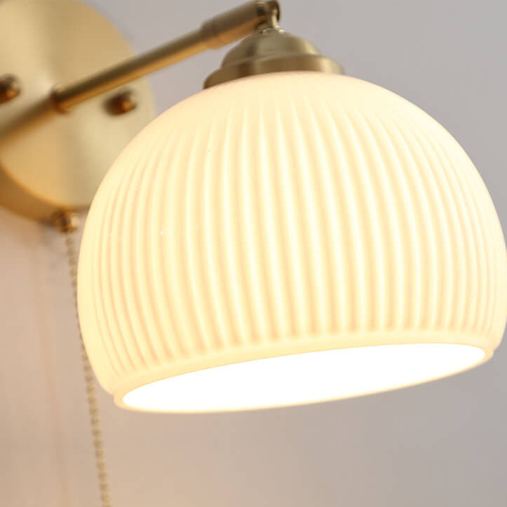 Nordic Style White Glass and Brass 1-Light Wall Sconce with Pull Cord