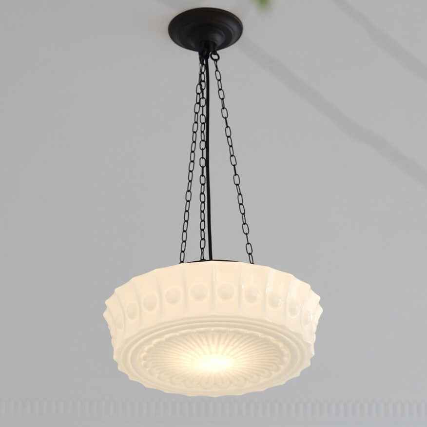 Vintage French White Jade Glass Striped Round Drum LED Semi-Flush Mount Ceiling Light
