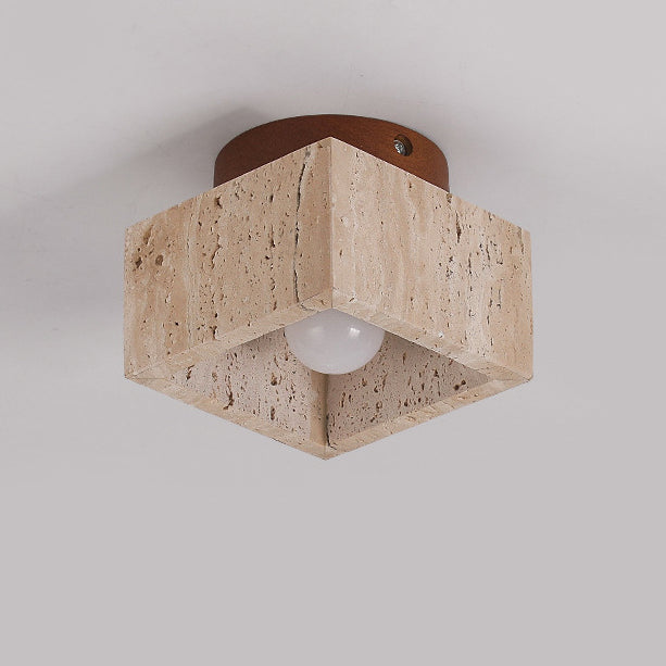 Japanese Wabi-Sabi Yellow Travertine Wood Column 1-Light Semi-Flush Ceiling Fixture