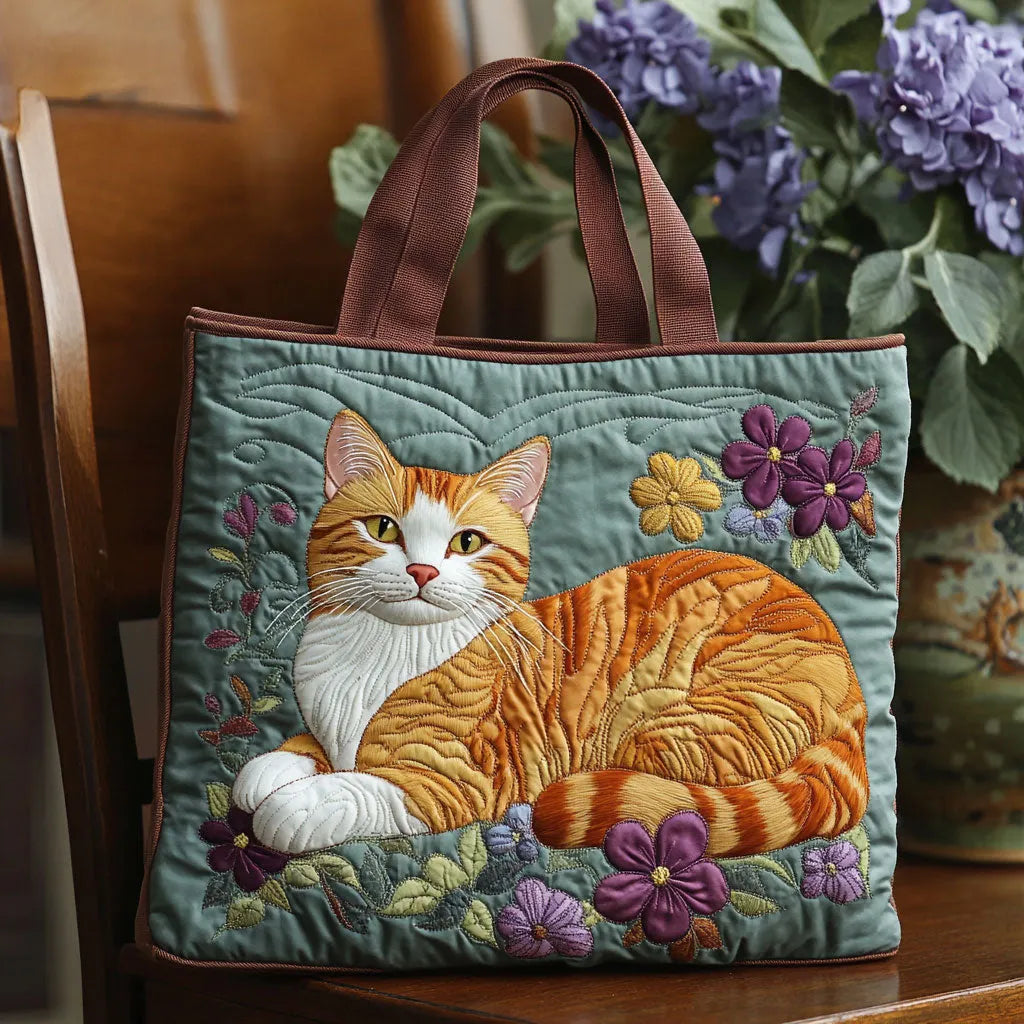 Stylish Tote Bag for Women Cat-Print Quilted Top-Handle — Sage Green