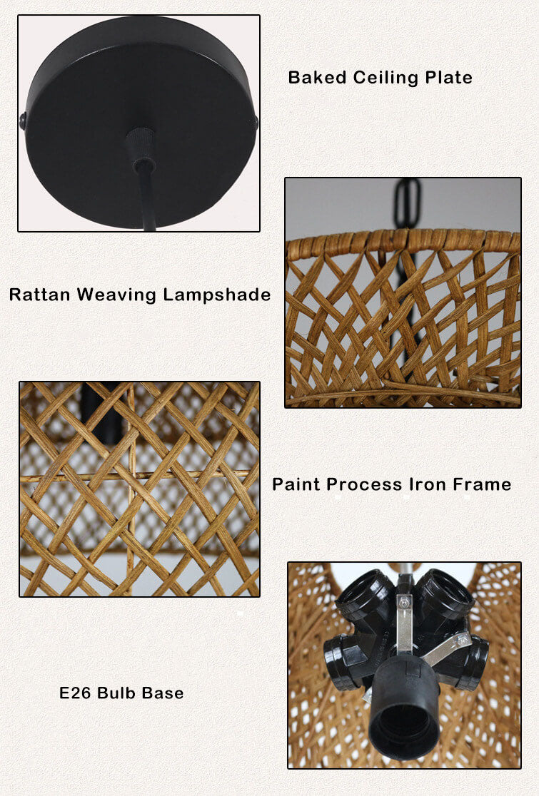 Vintage Rattan Woven 3-Tier Chandelier with 4/6 Lights