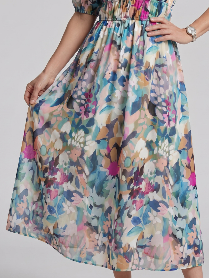 Elegant Maxi Dress for Women Abstract Print Puff-Sleeve