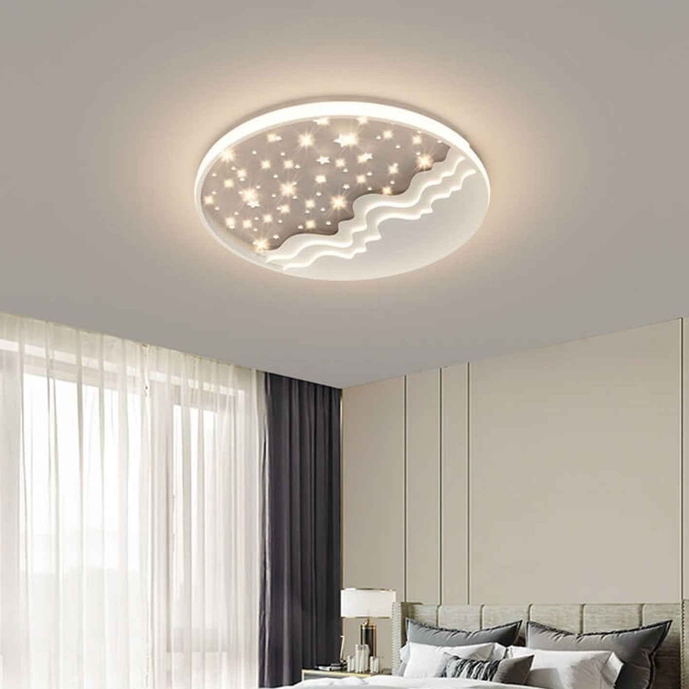 Nordic-Inspired Round Aluminum LED Flush Mount Ceiling Light with Star and Moon Design