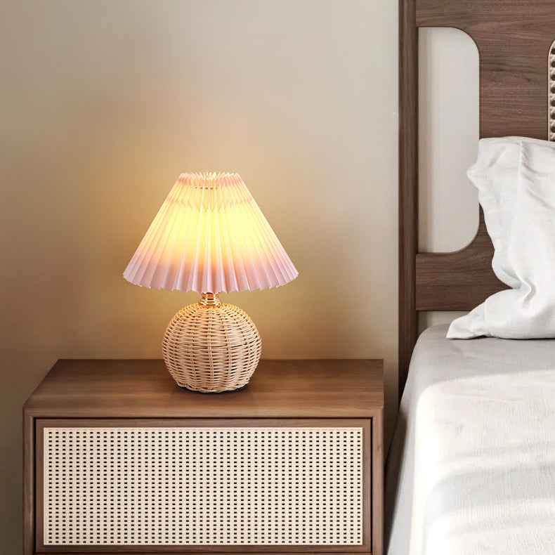 Modern Nordic Rattan Fabric Pleated Conical LED Table Lamp for Bedroom