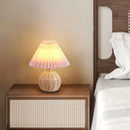 Modern Nordic Rattan Fabric Pleated Conical LED Table Lamp for Bedroom