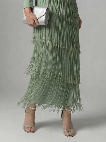 Elegant Fringe Layered Long Sleeve Maxi Dress for Women