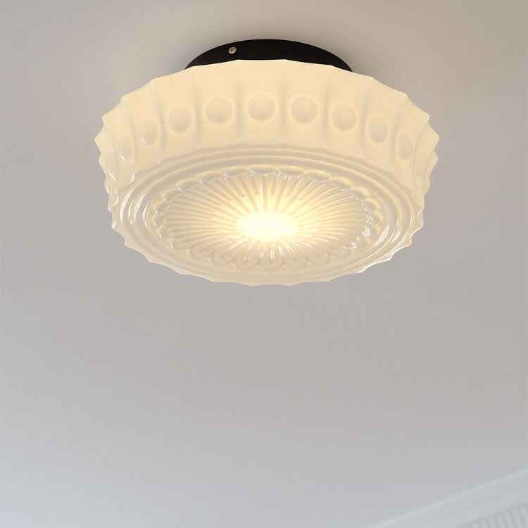 Vintage French White Jade Glass Striped Round Drum LED Semi-Flush Mount Ceiling Light