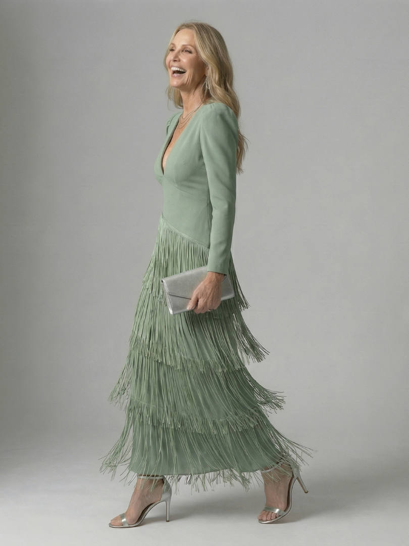 Elegant Fringe Layered Long Sleeve Maxi Dress for Women