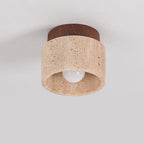 Japanese Wabi-Sabi Yellow Travertine Wood Column 1-Light Semi-Flush Ceiling Fixture